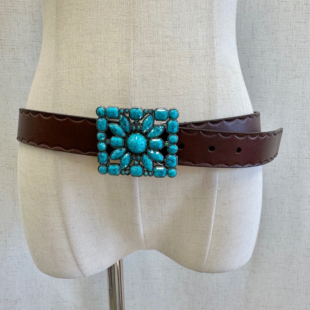 Western‎ Boho Turquoise Flower Buckle Brown Genuine Leather Belt XL - Picture 2 of 13